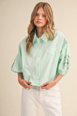 Embroidered Bubble Sleeve Blouse Jelly Mint