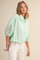 Embroidered Bubble Sleeve Blouse Jelly Mint