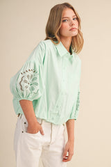 Embroidered Bubble Sleeve Blouse Jelly Mint