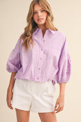 Embroidered Bubble Sleeve Blouse Sweet Lilac