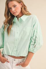 Embroidered Bubble Sleeve Blouse Jelly Mint