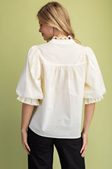 Preppy Trim Detail Button Down Blouse in Cream