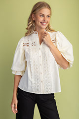 Preppy Trim Detail Button Down Blouse in Cream