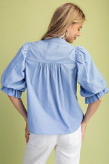 Preppy Trim Detail Button Down Blouse in Blue