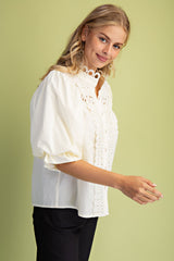 Preppy Trim Detail Button Down Blouse in Cream