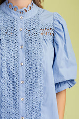 Preppy Trim Detail Button Down Blouse in Blue