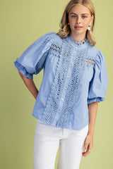Preppy Trim Detail Button Down Blouse in Blue