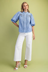 Preppy Trim Detail Button Down Blouse in Blue