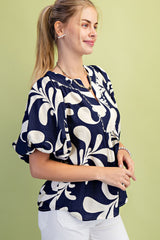 Navy Print Slit Neckline