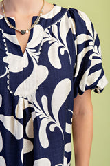Navy Print Slit Neckline