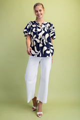 Navy Print Slit Neckline