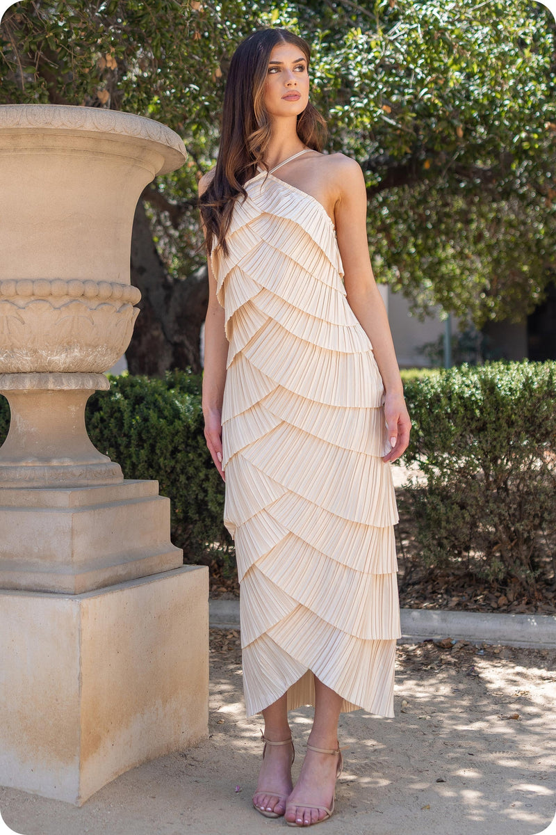 Pleated Satin Tiered Dress in Champane Champagne / Small