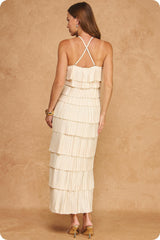 Pleated Satin Tiered Dress in Champane
