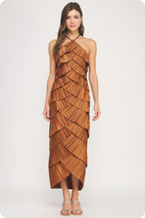 Pleated Satin Tiered Dress in Mocha