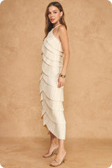 Pleated Satin Tiered Dress in Champane