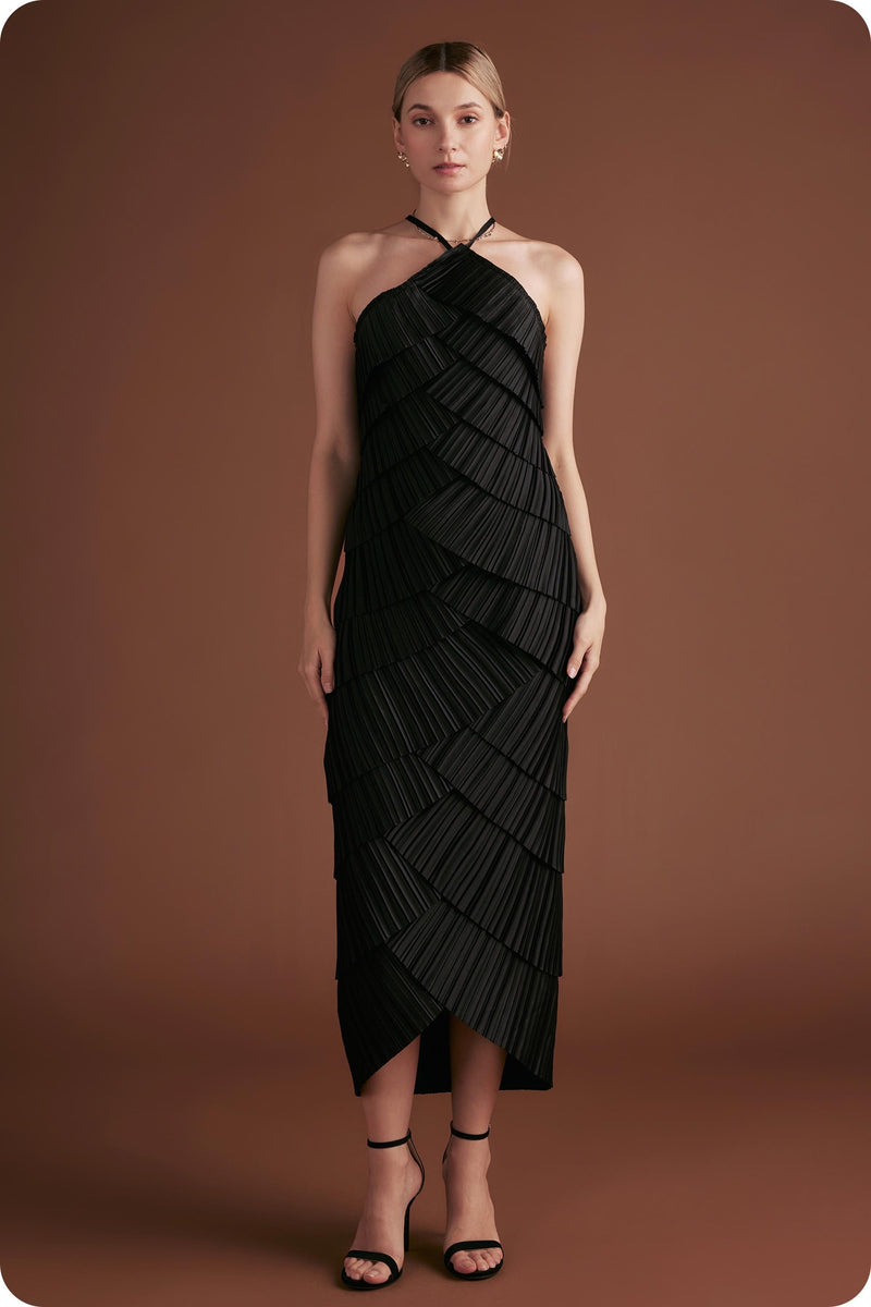 pleated tiered dress Square-Neck Off-Shoulder Sleeveless Chiffon A-Line Prom with Sweep Train Blue / Custom Size very fitted at natural waist Theiria Pleated Tiered Midi Dress