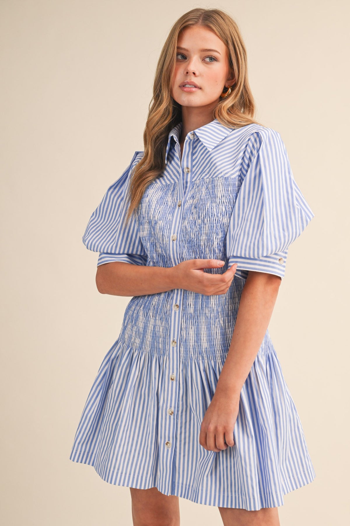 Tillie LT Blue and White Striped Smocked Bodice Mini Dress