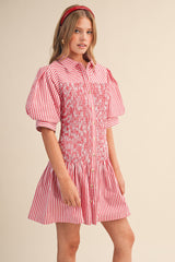 Tillie Red and White Striped Smocked Bodice Mini Dress
