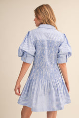 Tillie LT Blue and White Striped Smocked Bodice Mini Dress