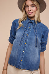 Tie-neck Button Down Denim Boxy Shirt