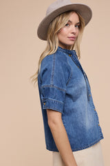 Tie-neck Button Down Denim Boxy Shirt
