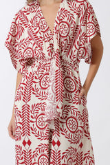 Balinese Kimono Sleeve Border Printed Jumpsuit in Red