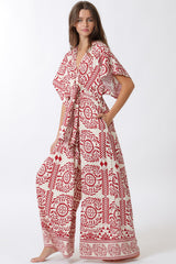 Balinese Kimono Sleeve Border Printed Jumpsuit in Red