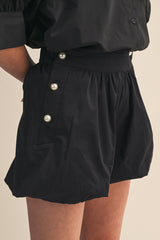 Bubble Hem Pearl Button Short Black
