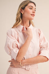Baby Pink Puff Sleeve Button Down Top