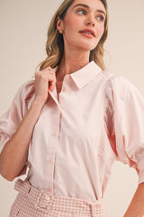 Baby Pink Puff Sleeve Button Down Top