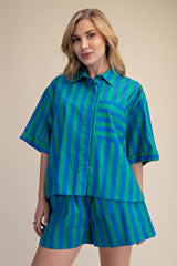 Collar Neck Button Down Shirt  Green and Blue
