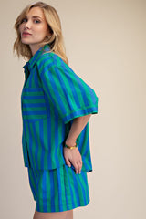 Collar Neck Button Down Shirt  Green and Blue