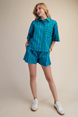 Collar Neck Button Down Shirt  Green and Blue