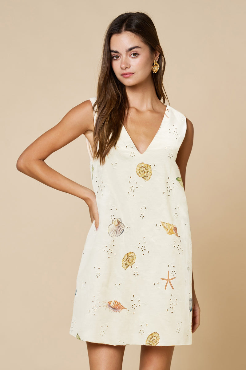 Small Beach Motif Print Sleeveless Shift Dress