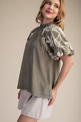 Sage Ruffle Neck Bubble Sleeve Blouse