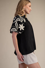 Black Ruffle Neck Bubble Sleeve Blouse