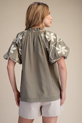 Sage Ruffle Neck Bubble Sleeve Blouse