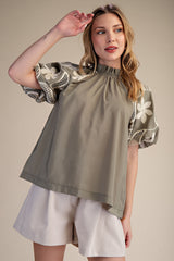 Sage Ruffle Neck Bubble Sleeve Blouse