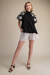 Black Ruffle Neck Bubble Sleeve Blouse