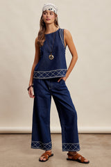 Embroidered Denim Tank & Wide-leg Pants Set Washed Indigo