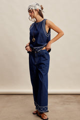 Embroidered Denim Tank & Wide-leg Pants Set Washed Indigo