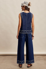 Embroidered Denim Tank & Wide-leg Pants Set Washed Indigo