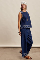 Embroidered Denim Tank & Wide-leg Pants Set Washed Indigo