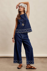 Embroidered Denim Tank & Wide-leg Pants Set Washed Indigo