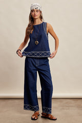 Embroidered Denim Tank & Wide-leg Pants Set Washed Indigo