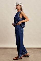 Embroidered Denim Tank & Wide-leg Pants Set Washed Indigo