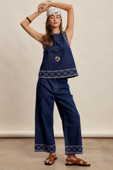 Embroidered Denim Tank & Wide-leg Pants Set Washed Indigo