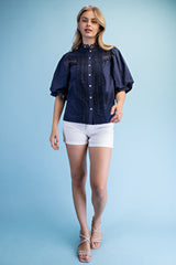 Preppy Trim Detail Button Down Blouse in Navy