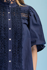 Preppy Trim Detail Button Down Blouse in Navy