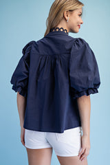 Preppy Trim Detail Button Down Blouse in Navy